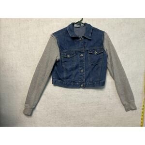 Jacket Womens Medium Denim Jean Mixed Media Gray Sleeves Cropped